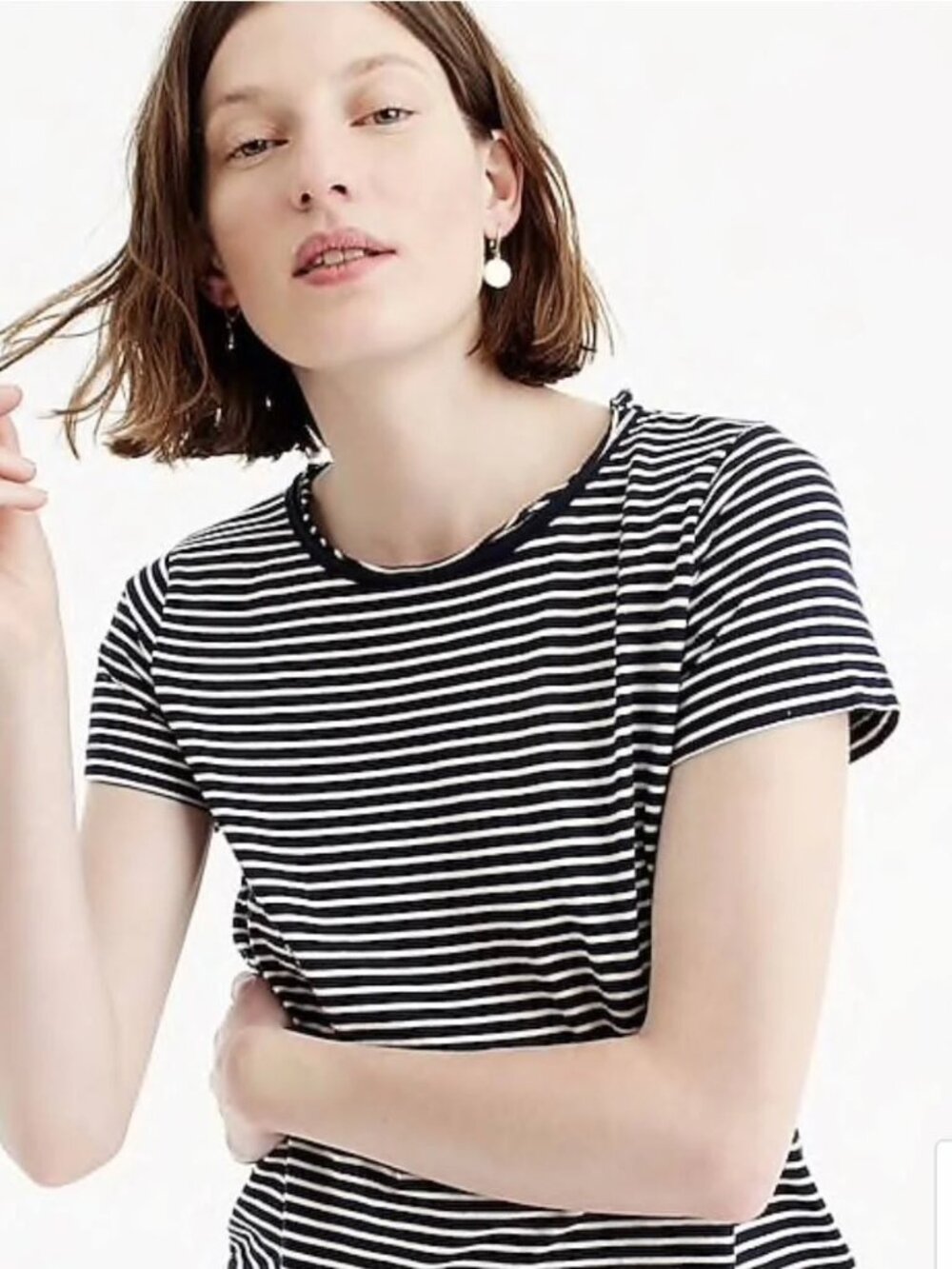 J. Crew Stretch Linen Stripped Black, white T shirt
